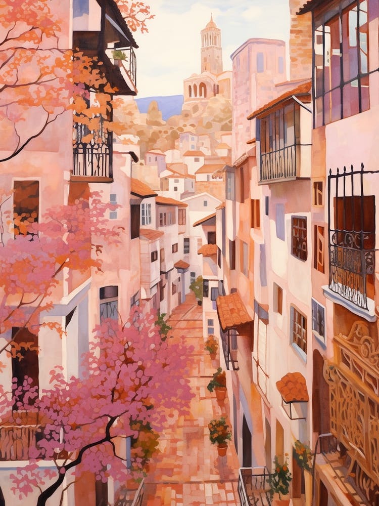Alicante Spain 2 Vintage Pink Travel Illustration