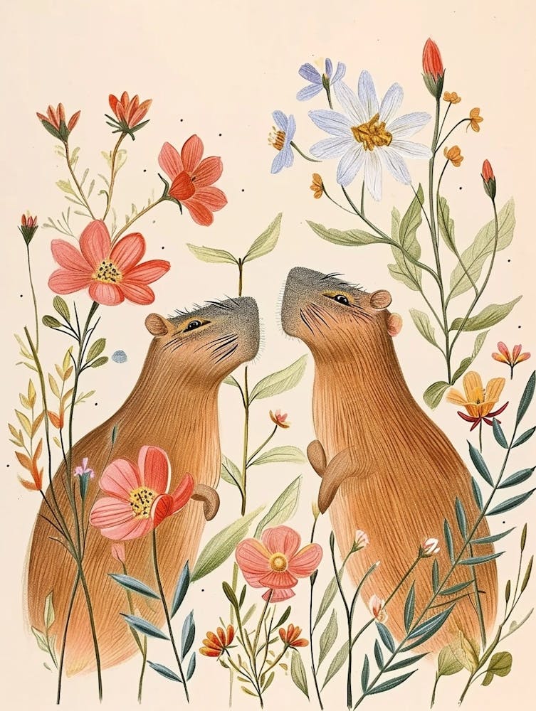 Folksy Floral Animal Drawing Capybara 2