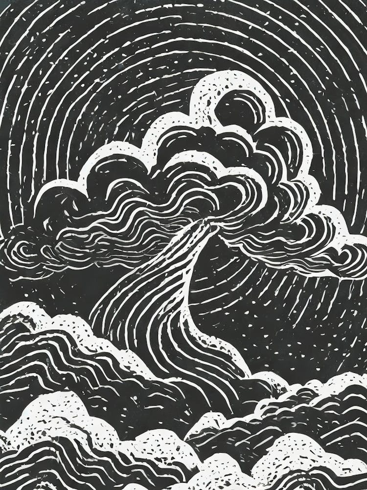 A Thunder God Amid Dark Swirling Clouds Linocut