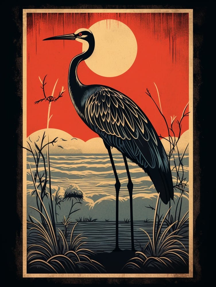 Vintage Bird Linocut Crane 4