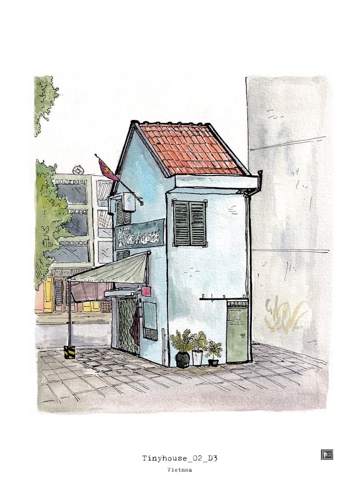 Tiny house 02 Saigon Vietnam Watercolor Illustration