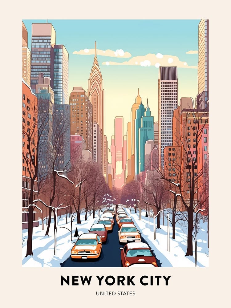 Vintage Winter Travel Poster New York City Usa 1