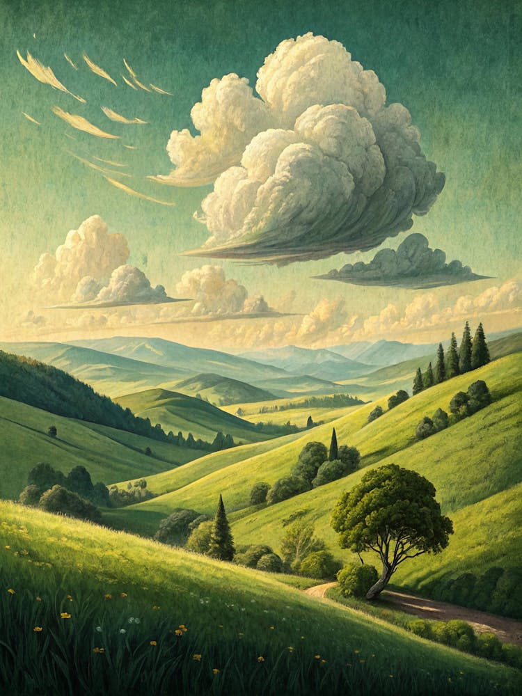 Oil Painting Style Minimalist Clouds Over Green