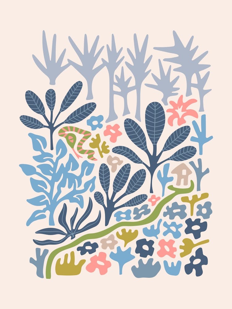 SNAKE IN THE GRASS-1 Abstract Tropical Floral Botanical with Jungle Palm Trees and Flowers in Pastel Pink Blue Green and Gray