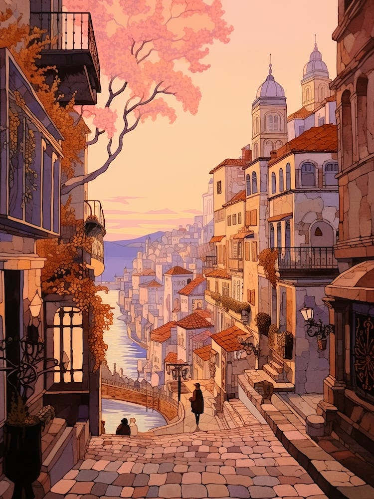 Porto Portugal 2 Vintage Pink Travel Illustration