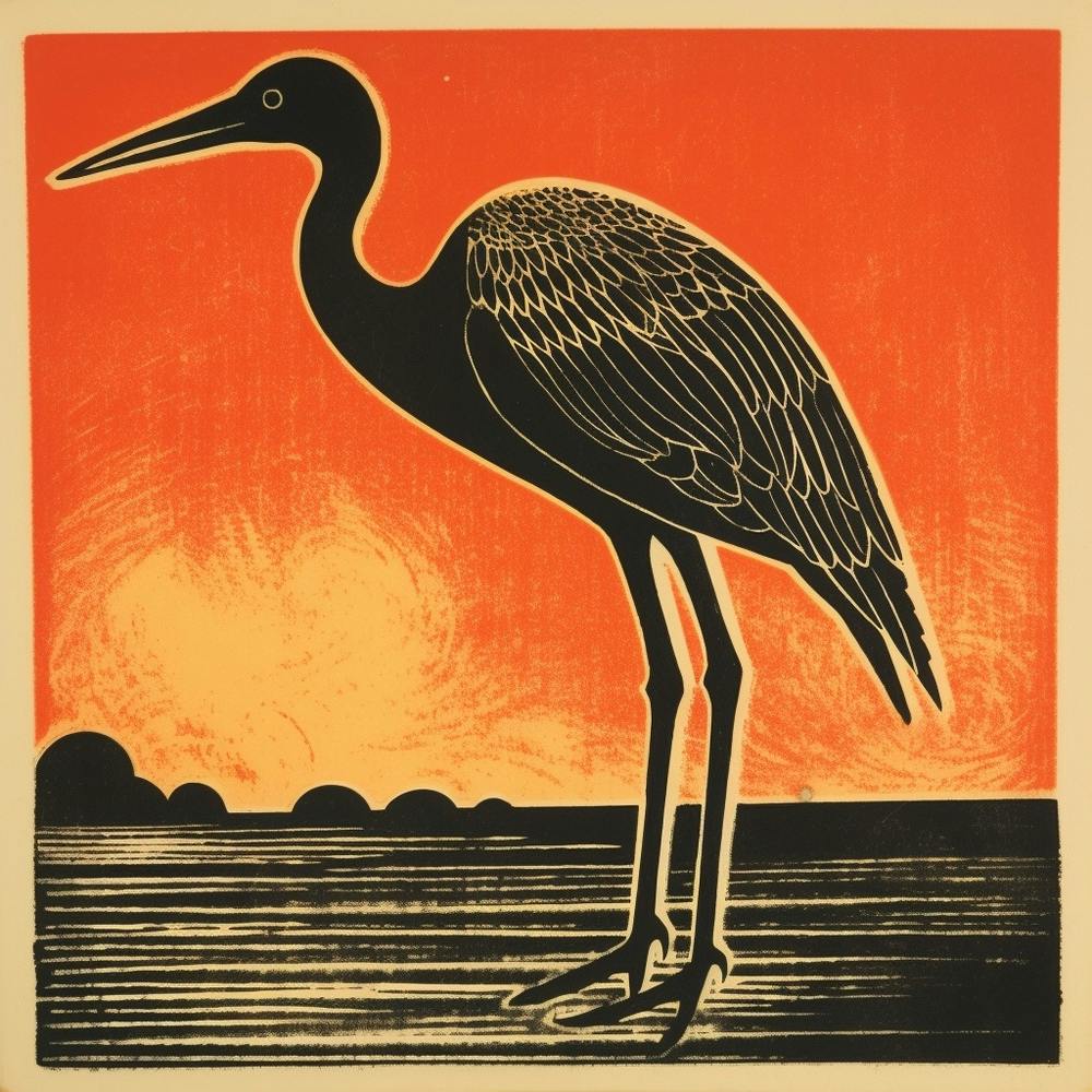 Retro Bird Lithograph Crane 2