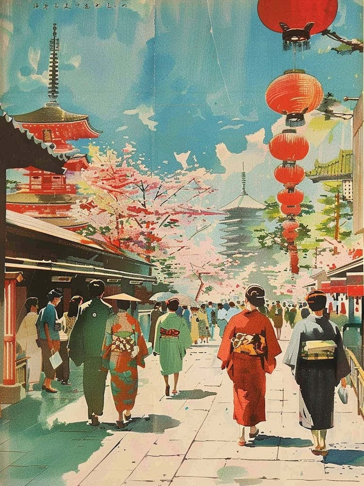 Traditional Tokyo Scene Mid Century Modern