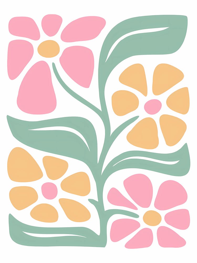 Mid-century modern abstract floral art print featuring organic shapes in pastel pink, peach, and sage green.