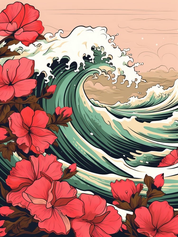 Great Wave Mit Azaleenblumenzeichnung Im Stil Von Ukiyo E 1