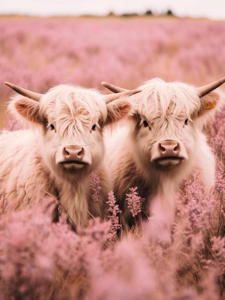 Two Highland Cows Pink Portrait 3