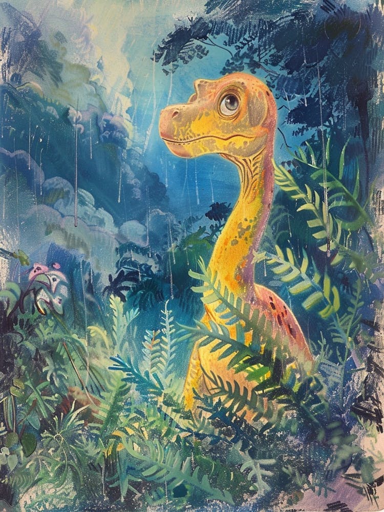 Dinosaur In The Rain Watercolour Illustration 1