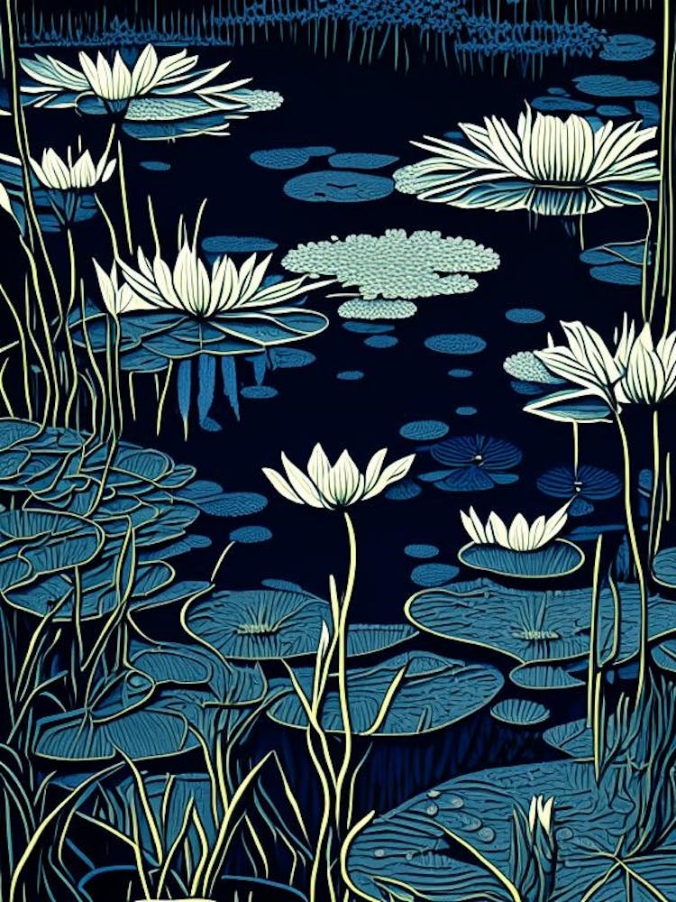 Pond With Lily Pads Water Waterscape Linocut 2