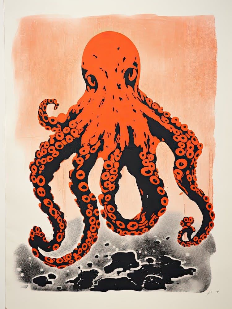 Octopus, Woodblock Animal  Drawing 2