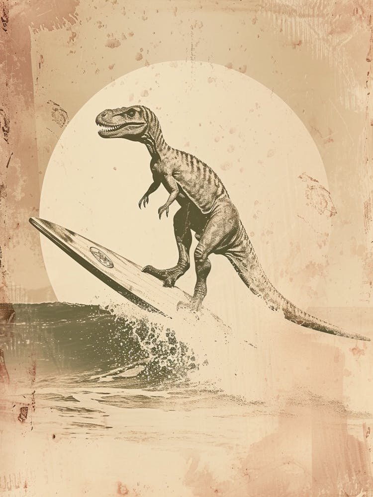 Vintage Dilophosaurus Dinosaur On A Surf Board 2