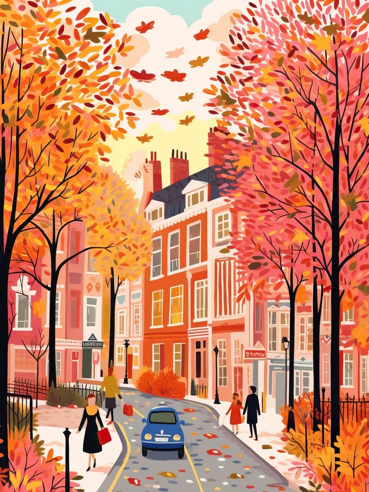 London Street In Autumn Fall Travel Art 4