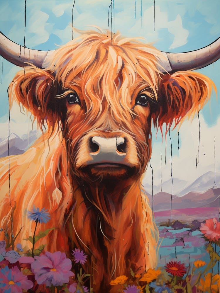 Illustration Of Highland Cow With Wildflowers 2