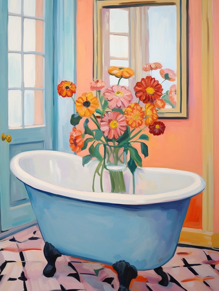 Eine Badewanne voller Zinnien in einem Badezimmer 3