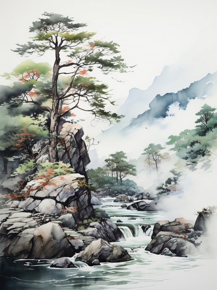 Sounkyo Gorge In Hokkaido, Japanese Brush Painting, Ukiyo E, Minimal 4