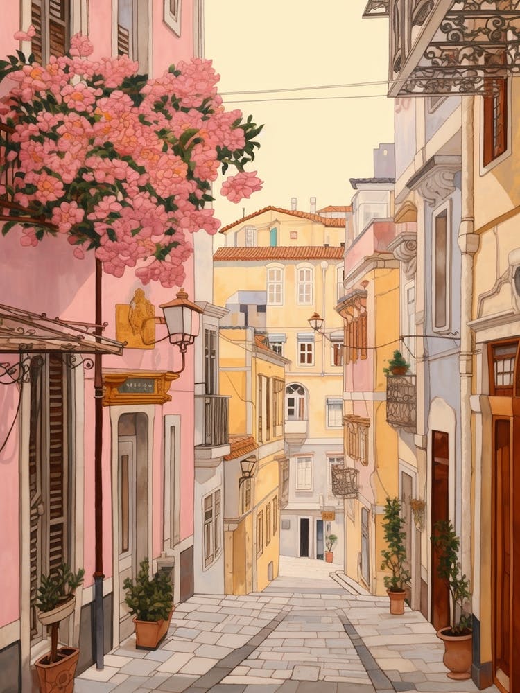 Lisbon Portugal 4 Vintage Pink Travel Illustration