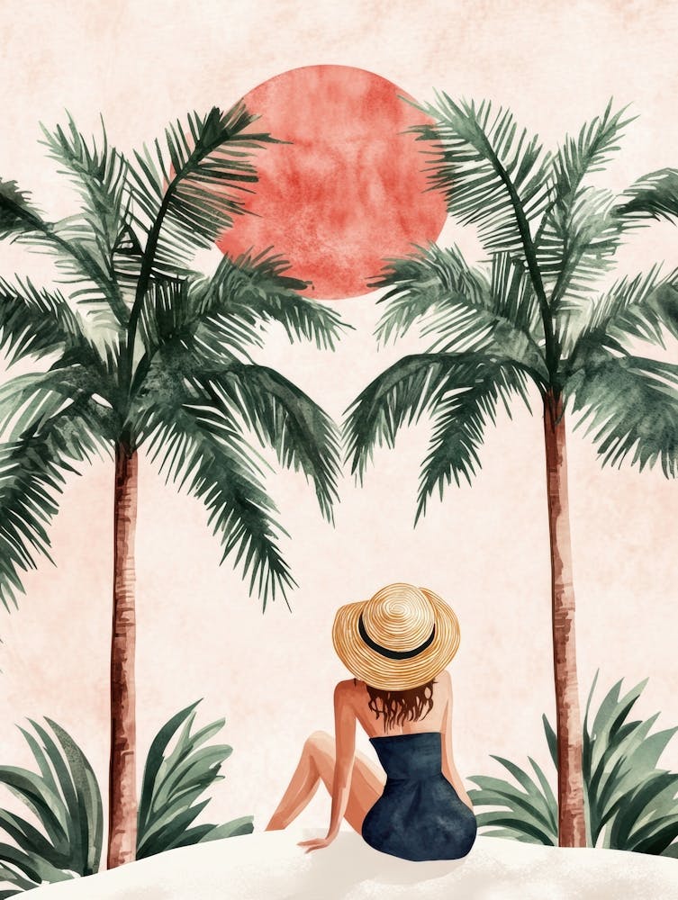 Watercolor Girl Sitting On The Beach