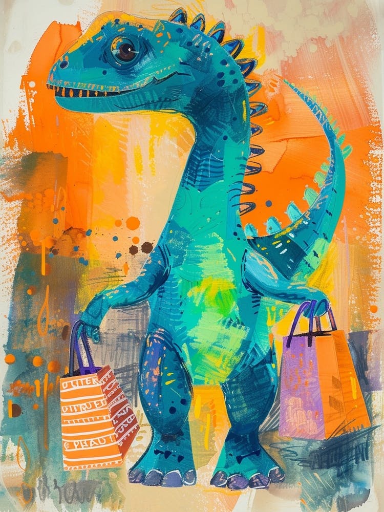 Dinosaur Shopping Orange Blue Brushstrokes  2
