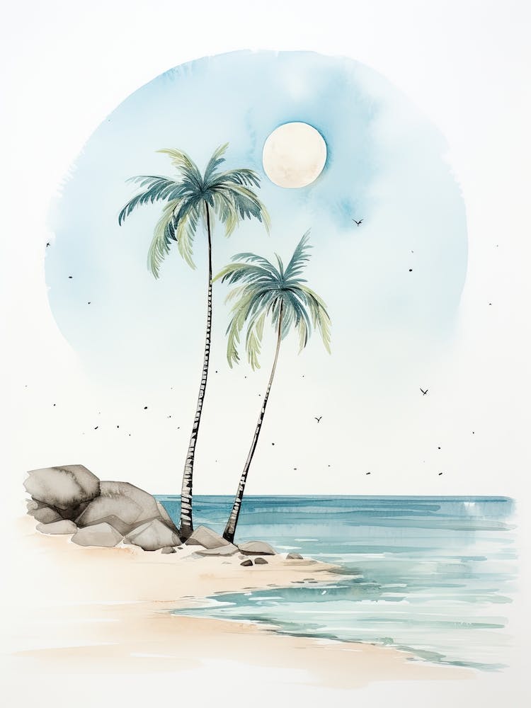 Watercolour Of Paradise Beach   Mykonos Greece 1