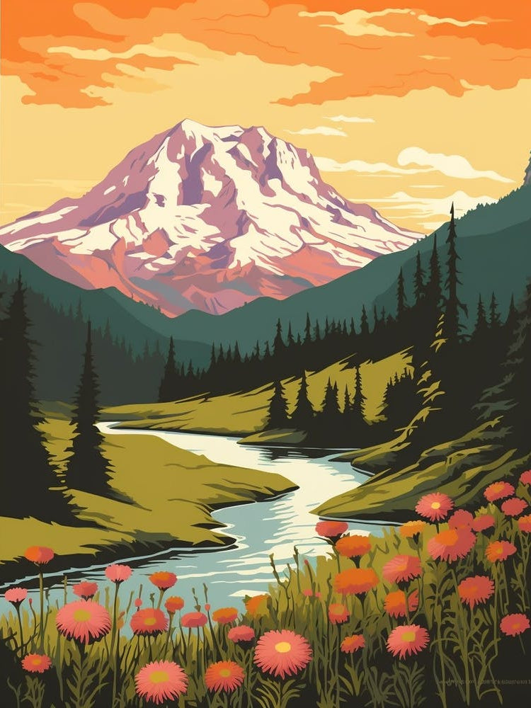 Mount Rainier National Park Retro Pop Art 1