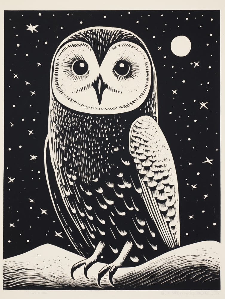 B&W Bird Linocut Snowy Owl 2