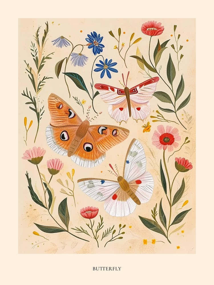 Folksy Floral Animal Drawing Butterfly 1 Poster