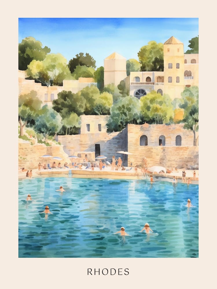 Swimming In Rhodes Greece Watercolour Poster