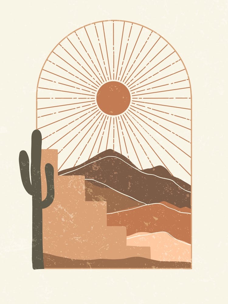 Desert Sun Cactus Mountains Warm Colors Arched Window