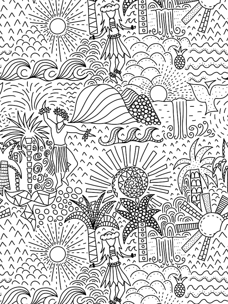 Hawaiian Toile Polynesian Hula Dance Tropical Landscape Black White