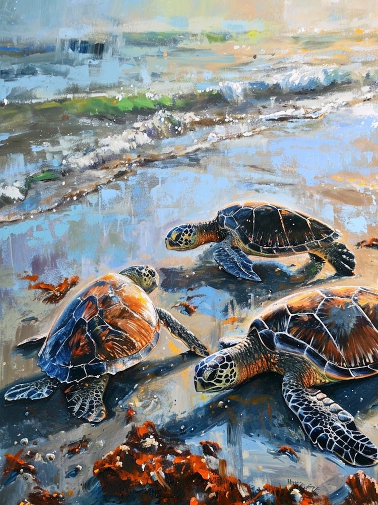 Sea Turtles In The Sand Expressionism Style Painting