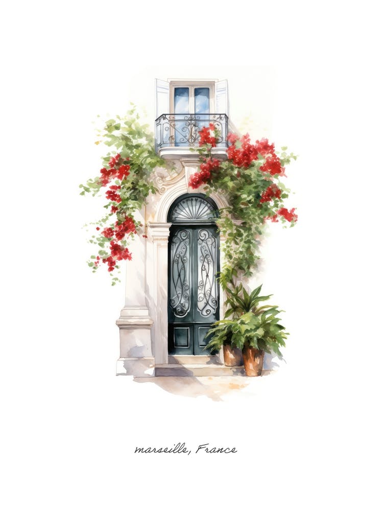 Marseille, France   Mediterranean Doors Watercolour Painting 1 Poster