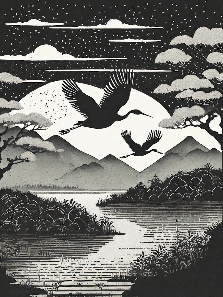Cranes Flying Ukiyo-E Style