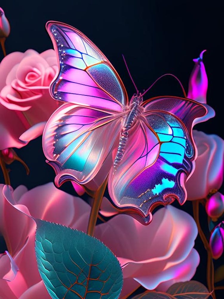 Butterfly On Rose Flower Holographic 2