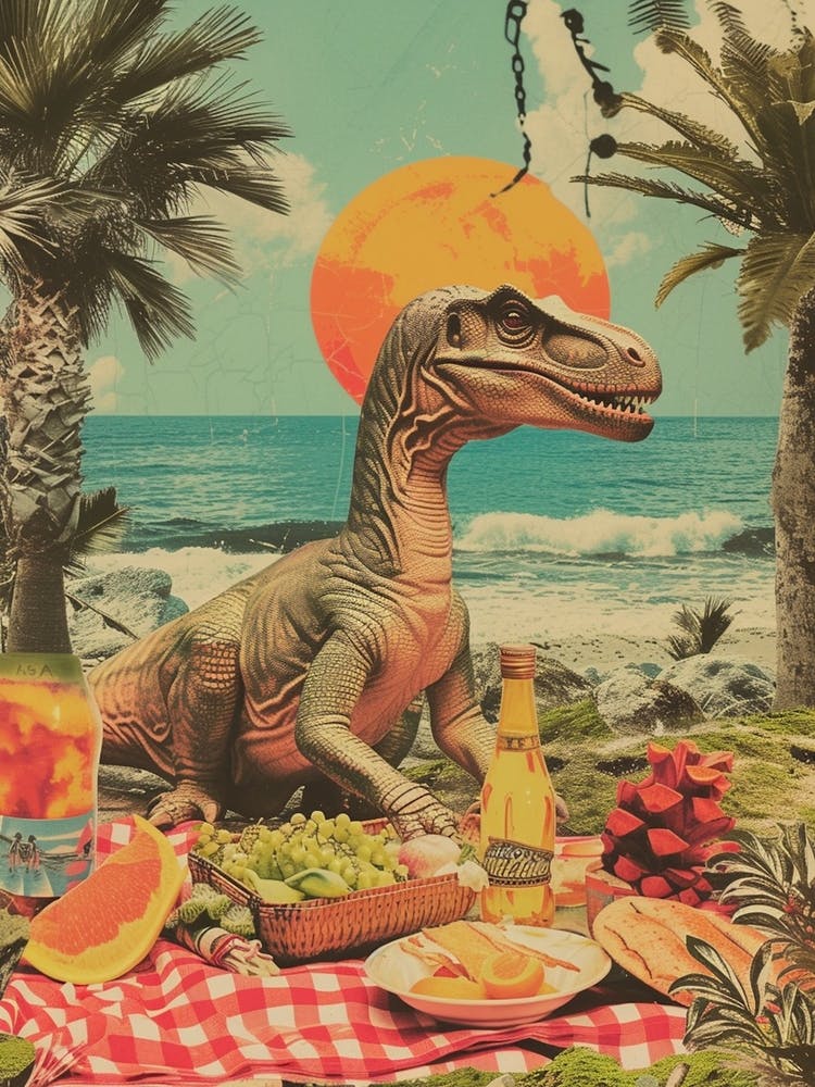 Dinosaur Having A Picnic Retro Collage 3