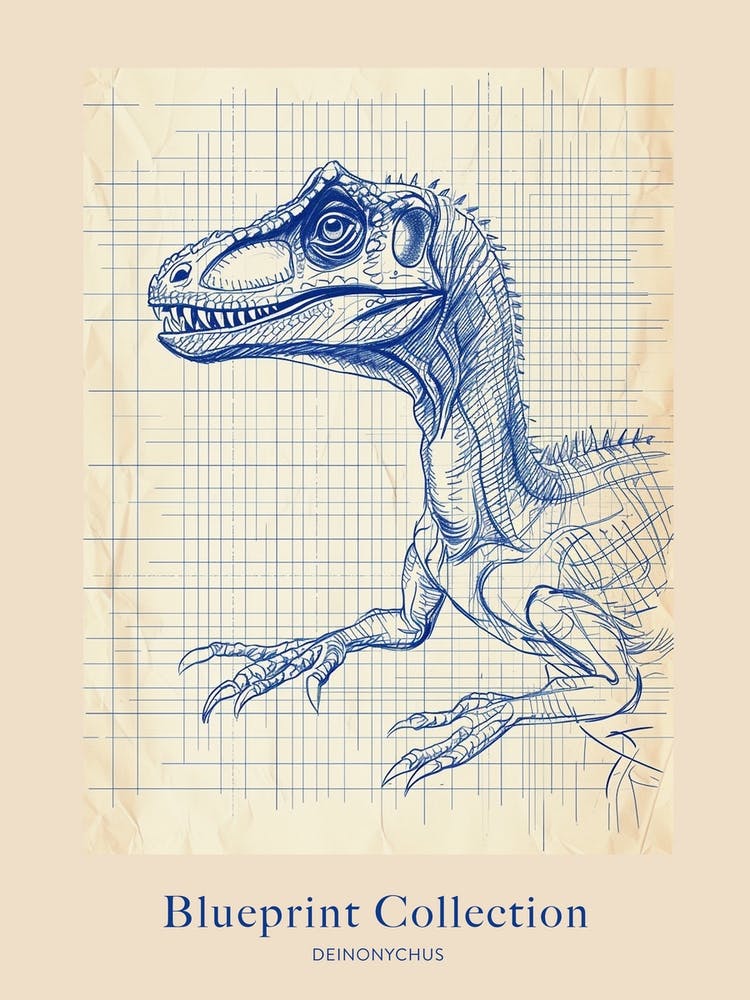 Deinonychus Dinosaur Blue Print Sketch 2 Poster