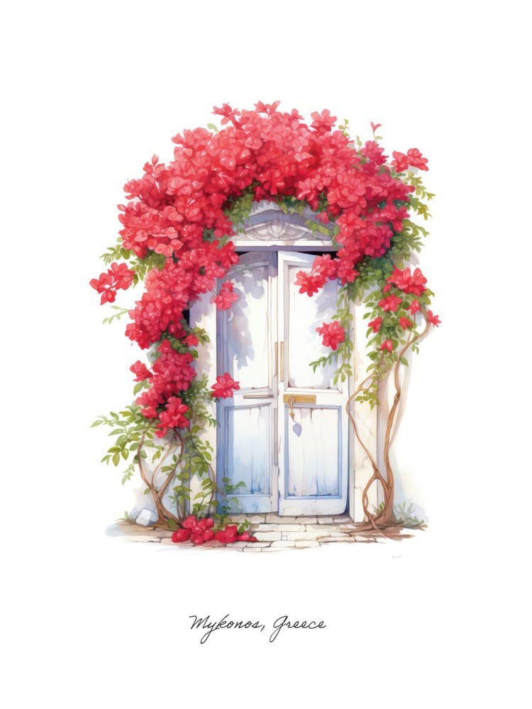 Mykonos, Greece   Mediterranean Doors Watercolour Painting 1 Poster