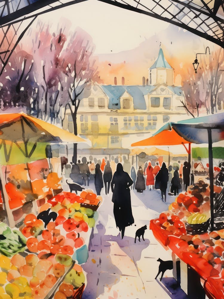 Food Market With Cats In Paris 4 Watercolour