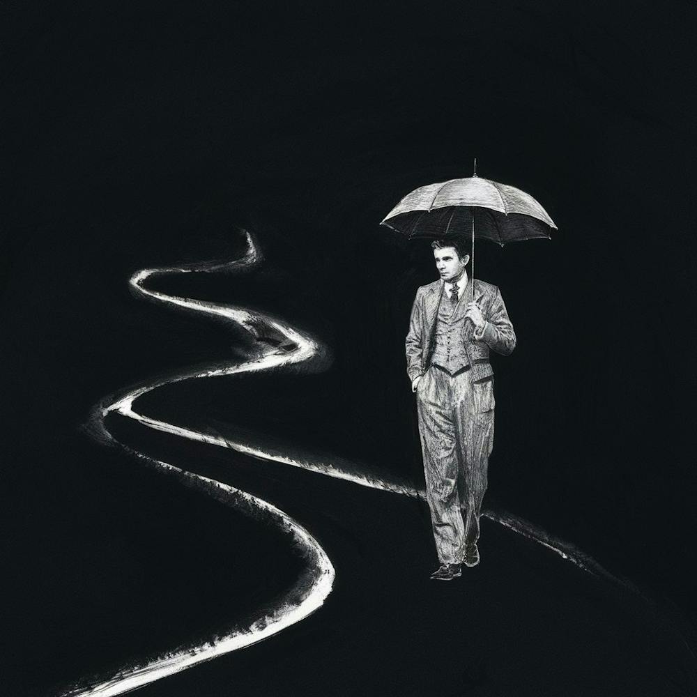 ine path. The man is dressed in a vintage ensemble, holding onto an old-fashioned umbrella. The path is shrouded in complete darkness, with only the faint silhouette of the man and the subtle outlines of the winding path visible. The ink lines are bold an