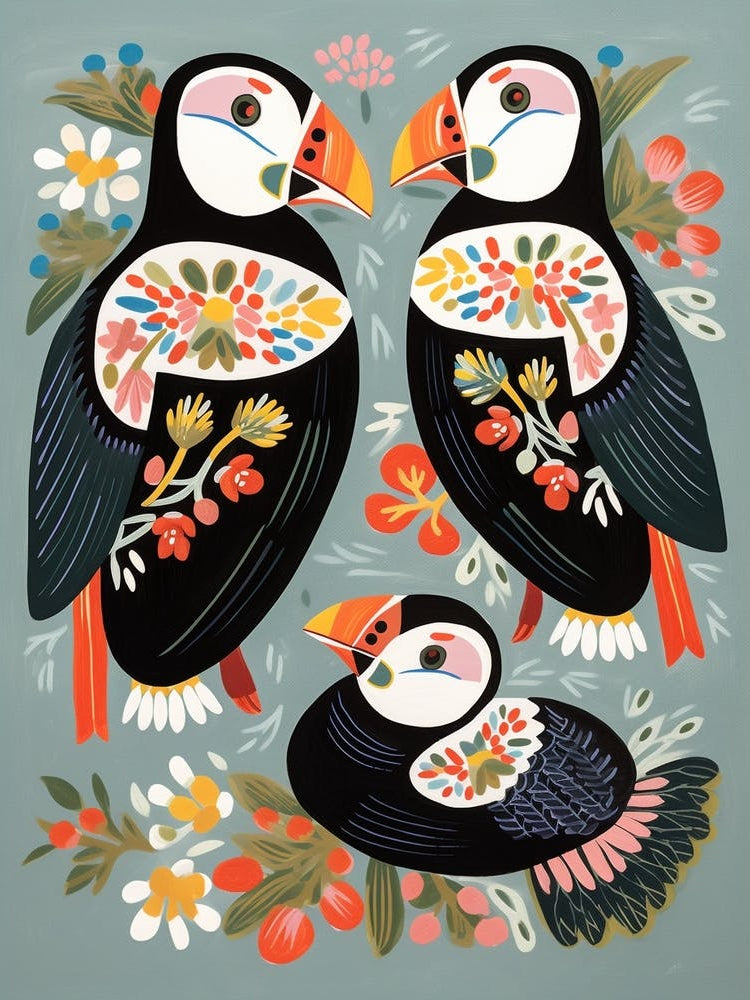 Folk Style Bird Painting Puffin 1