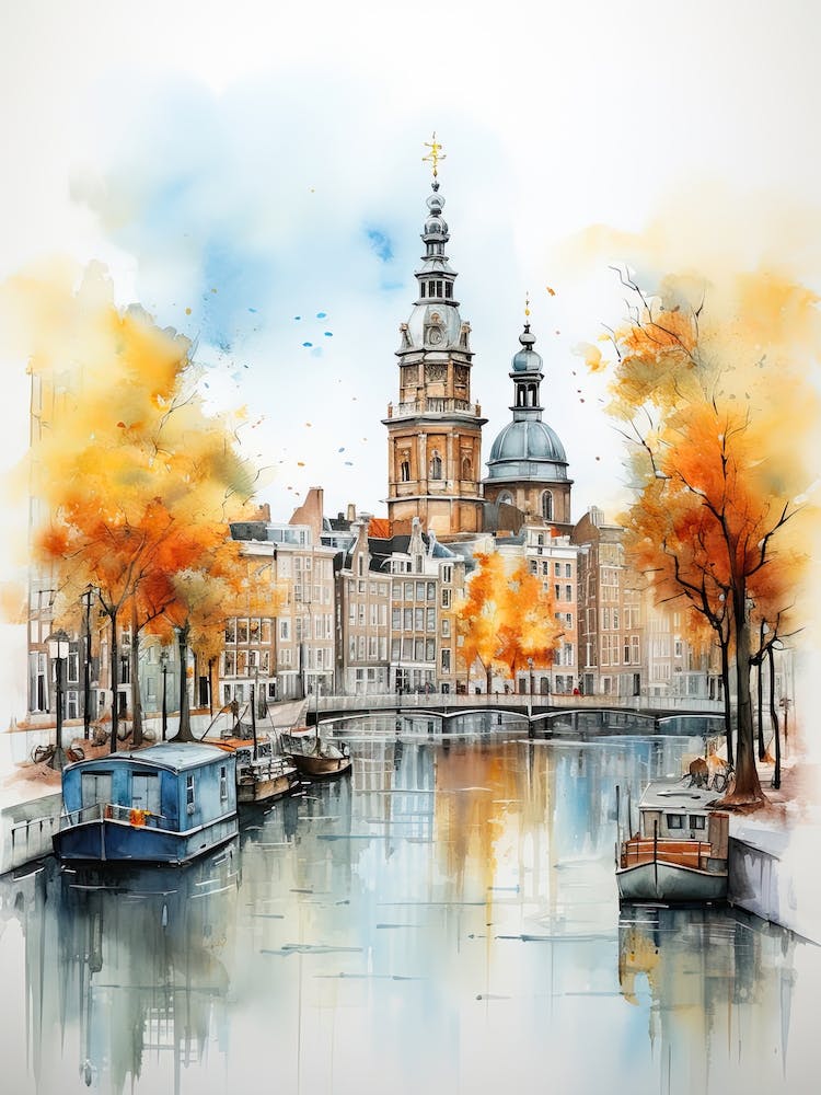 Amsterdam, Netherlands In Autumn Fall, Watercolour 1