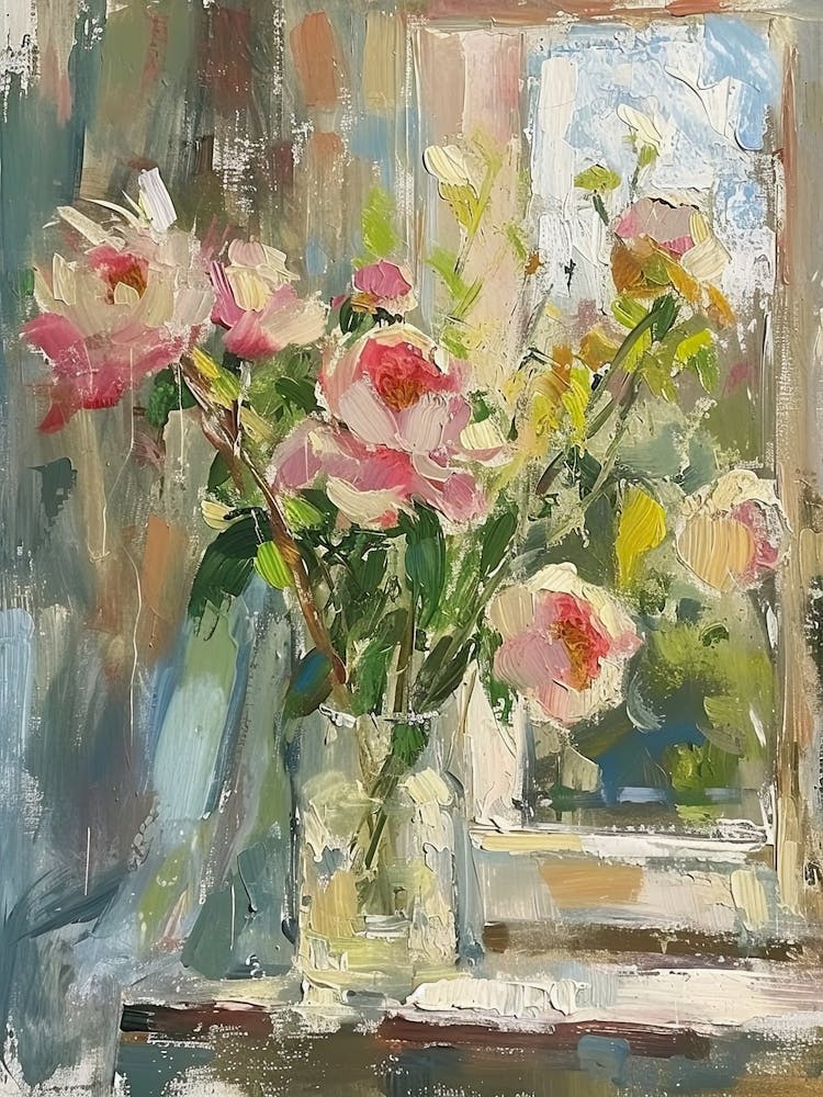 Fleurs de pivoine sur une fenêtre de cottage 1
