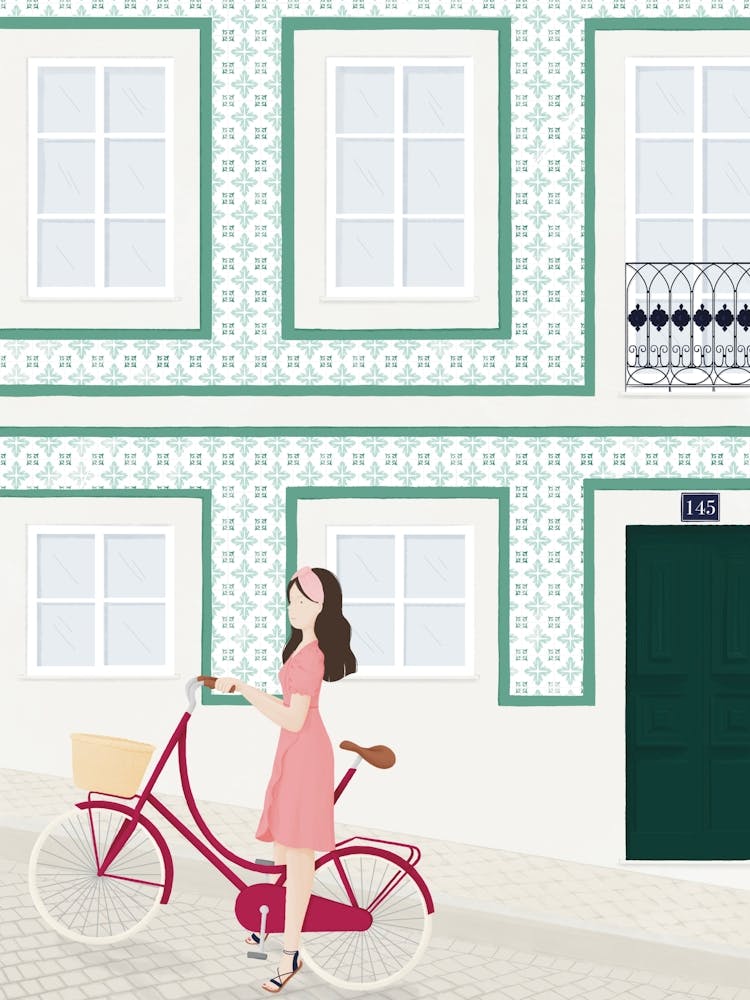 Illustration einer Frau mit einem Fahrrad in Lissabon