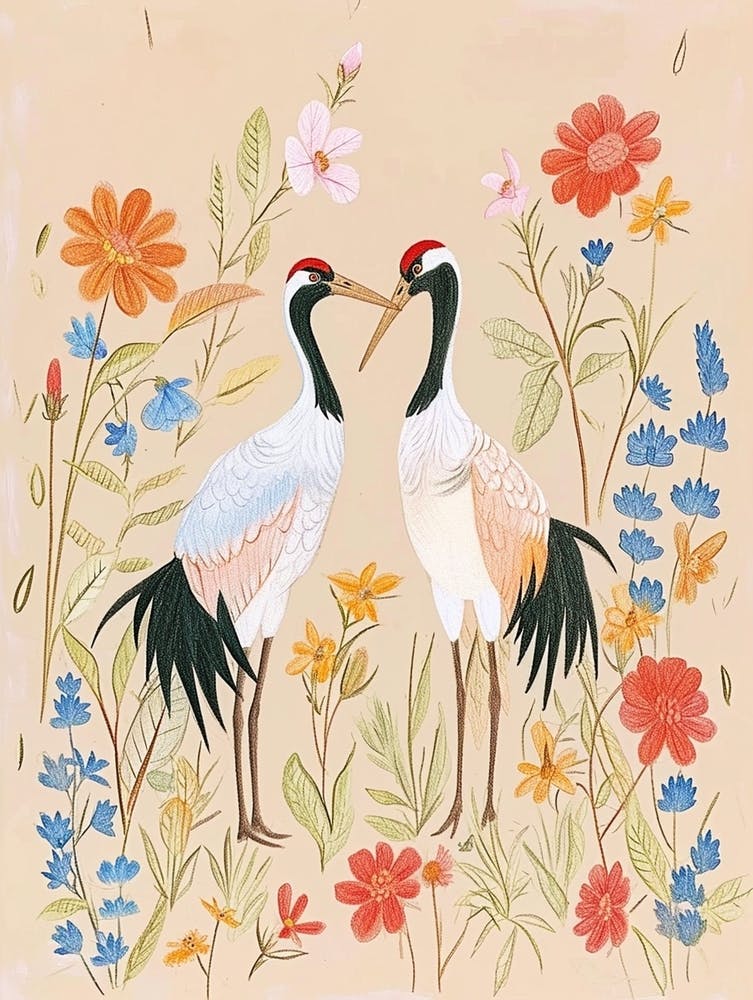 Folksy Floral Animal Drawing Stork