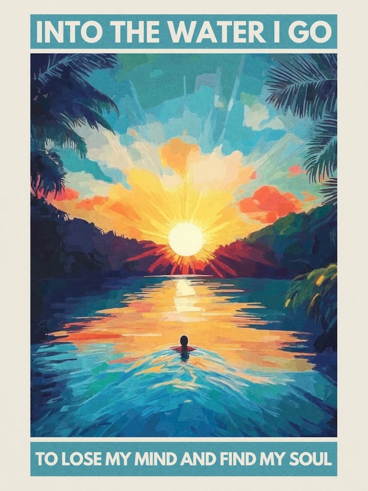 Into the water I go to lose my mind and find my soul swimmer in Sunset, wanderlust aesthetic artwork in blues and golds in the style of vintage travel posters for nature lovers, landscape wall art for bathrooms, coastal decor and calm spaces 3