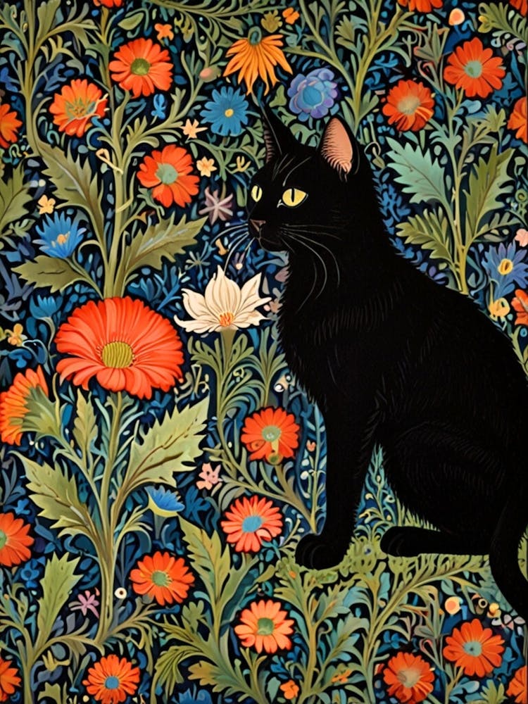 William Morris Black Cat In Flowers 7