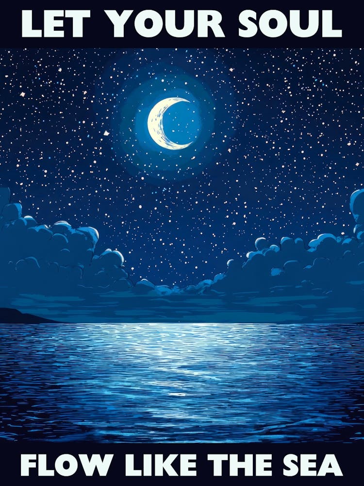 Crescent over calm waters – deep sapphire blues and silvery moonlight – tranquil cosmic aesthetic digital illustration inspired by modern minimal surrealism – celestial spiritual art perfect for bedrooms, retreats, or meditation spaces