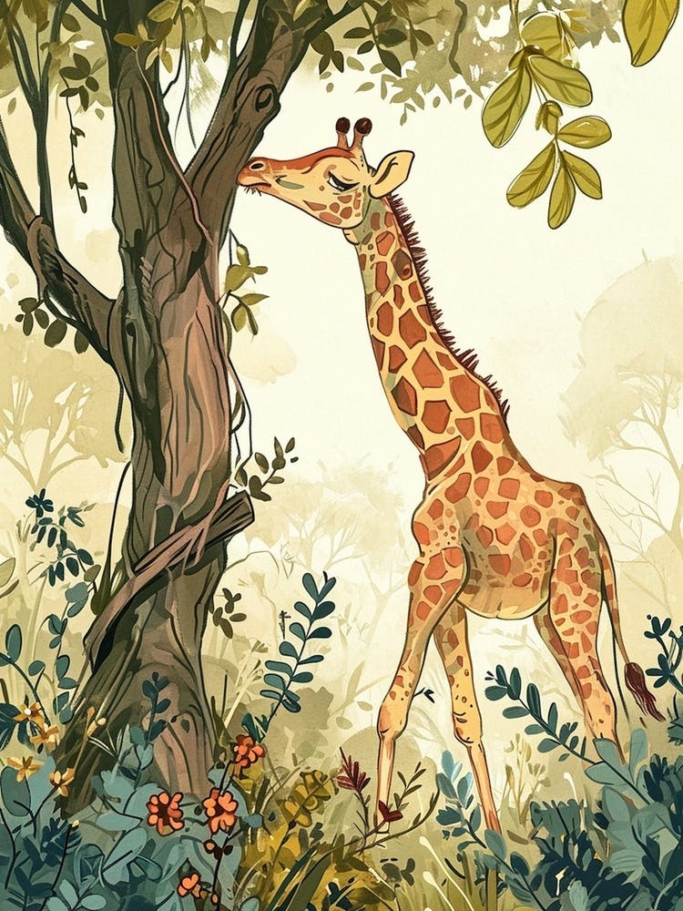 Giraffe Scratching Against A Tree 1